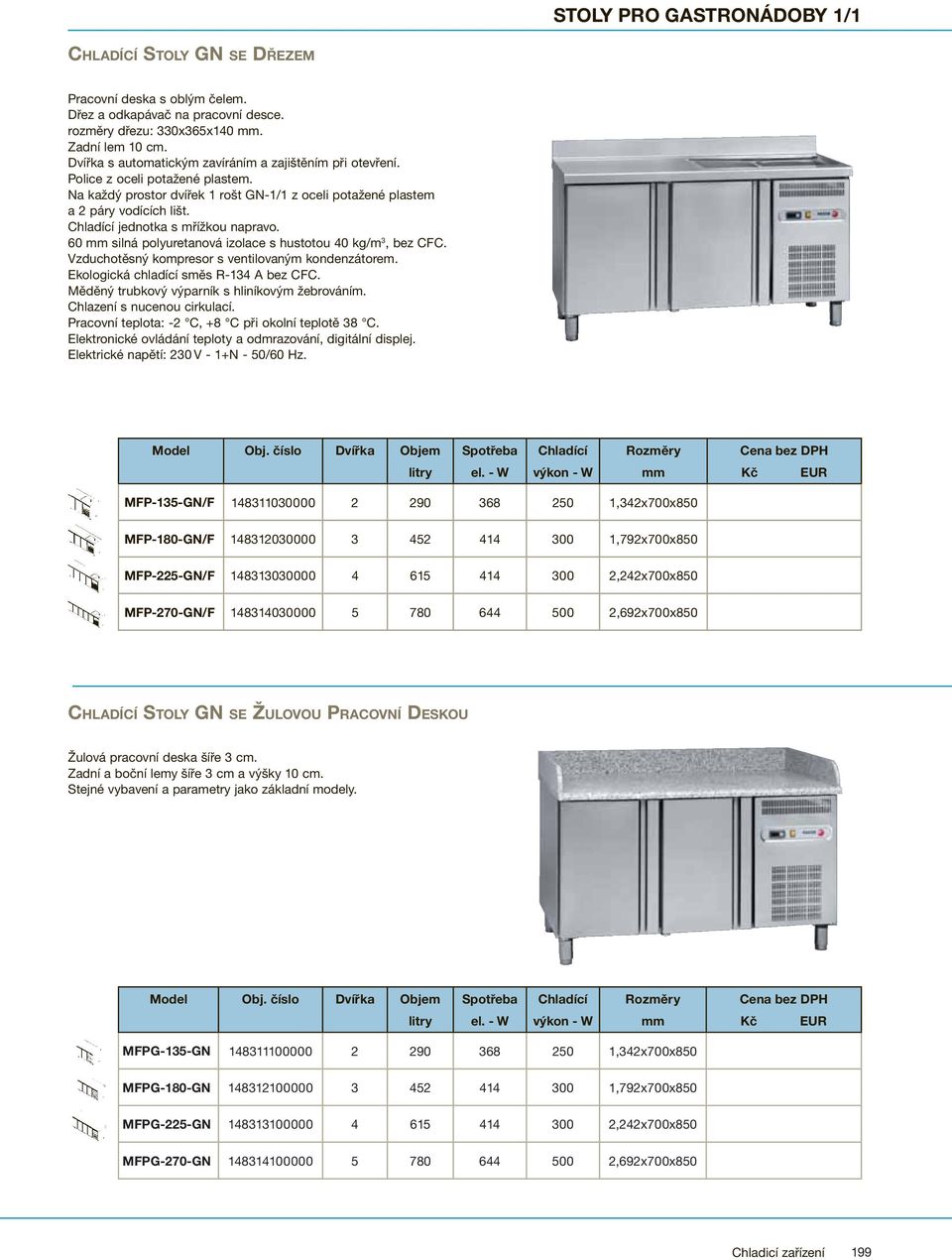 Chladící jednotka s mřížkou napravo. 60 mm silná polyuretanová izolace s hustotou 40 kg/m 3, bez CFC. Elektrické napětí: 230 V - 1+N - 50/60 Hz.