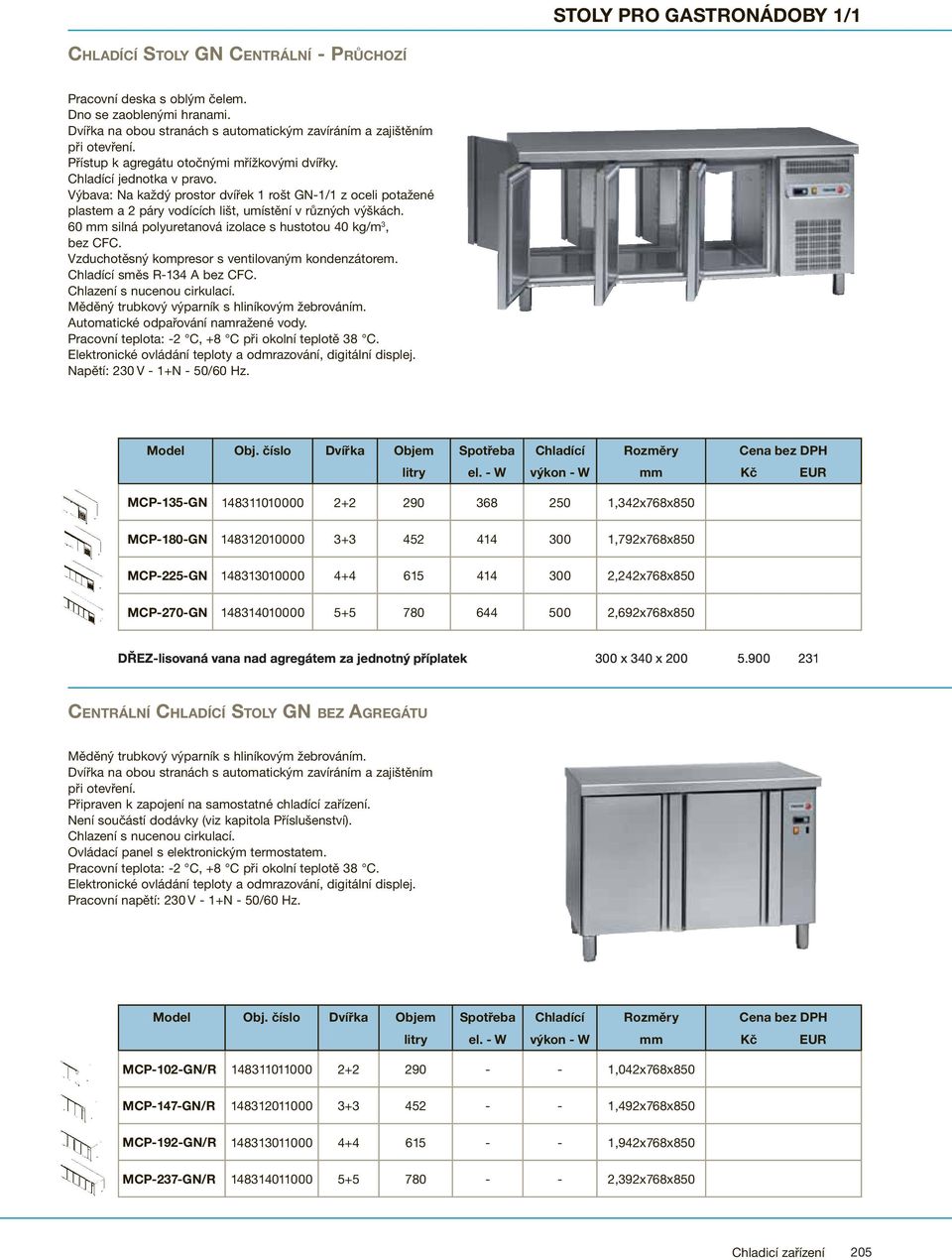 60 mm silná polyuretanová izolace s hustotou 40 kg/m 3, bez CFC. Chladící směs R-134 A bez CFC. Napětí: 230 V - 1+N - 50/60 Hz.