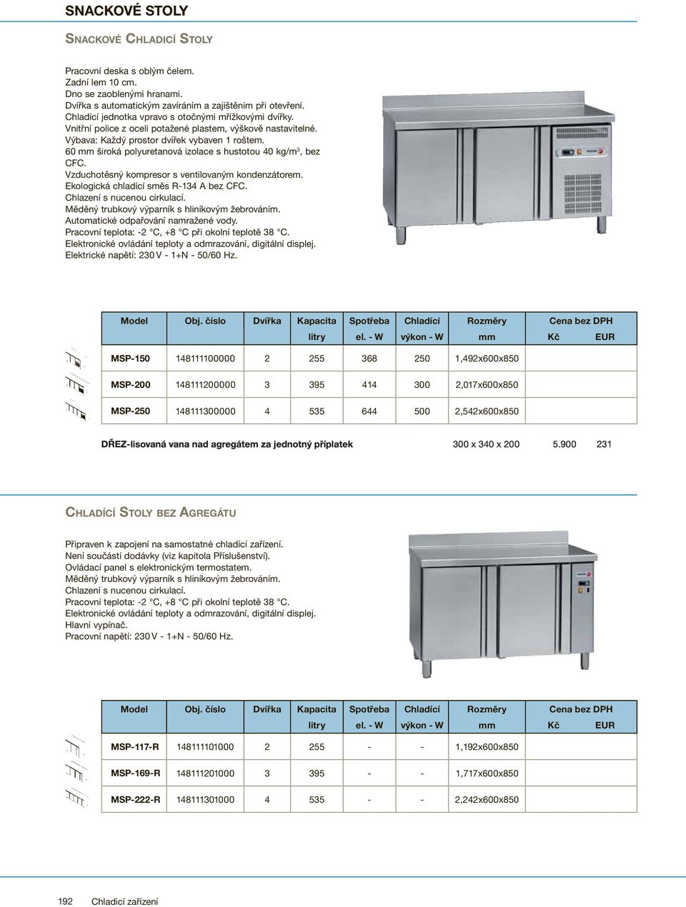 60 mm široká polyuretanová izolace s hustotou 40 kg/m 3, bez CFC. Elektrické napětí: 230 V - 1+N - 50/60 Hz. Model Obj.