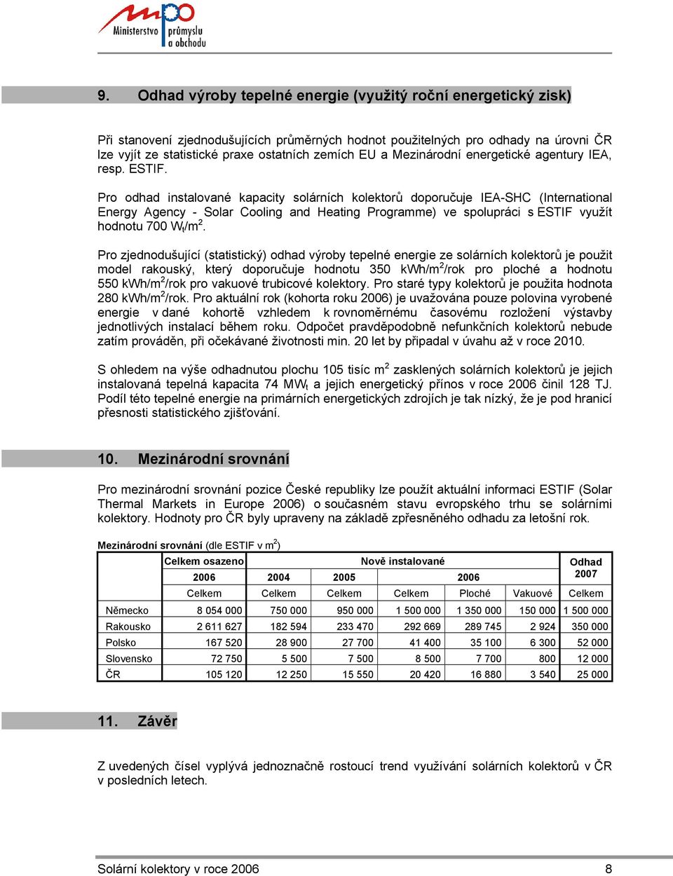 Pro odhad instalované kapacity solárních kolektorů doporučuje IEA-SHC (International Energy Agency - Solar Cooling and Heating Programme) ve spolupráci s ESTIF využít hodnotu 700 W t /m 2.