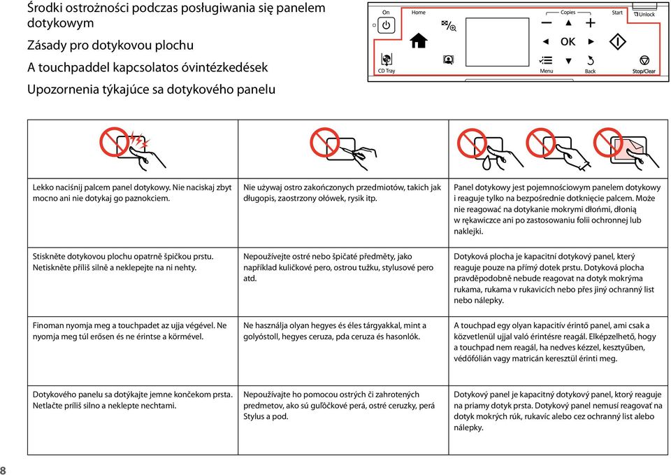 Panel dotykowy jest pojemnościowym panelem dotykowy i reaguje tylko na bezpośrednie dotknięcie palcem.