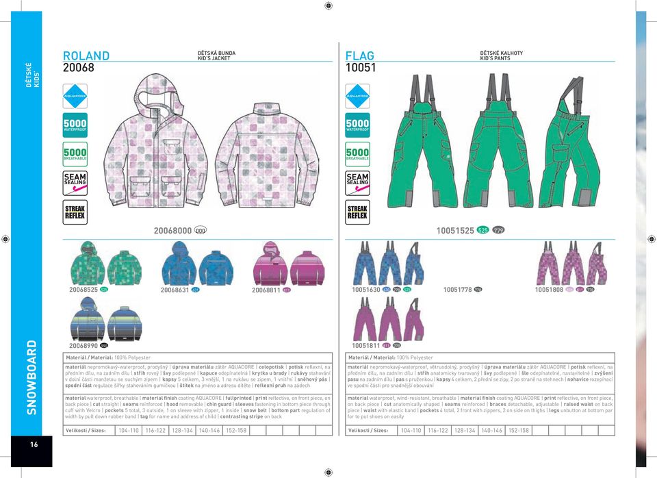 stahování v dolní části manžetou se suchým zipem kapsy 5 celkem, 3 vnější, 1 na rukávu se zipem, 1 vnitřní sněhový pás spodní část regulace šířky stahováním gumičkou štítek na jméno a adresu dítěte