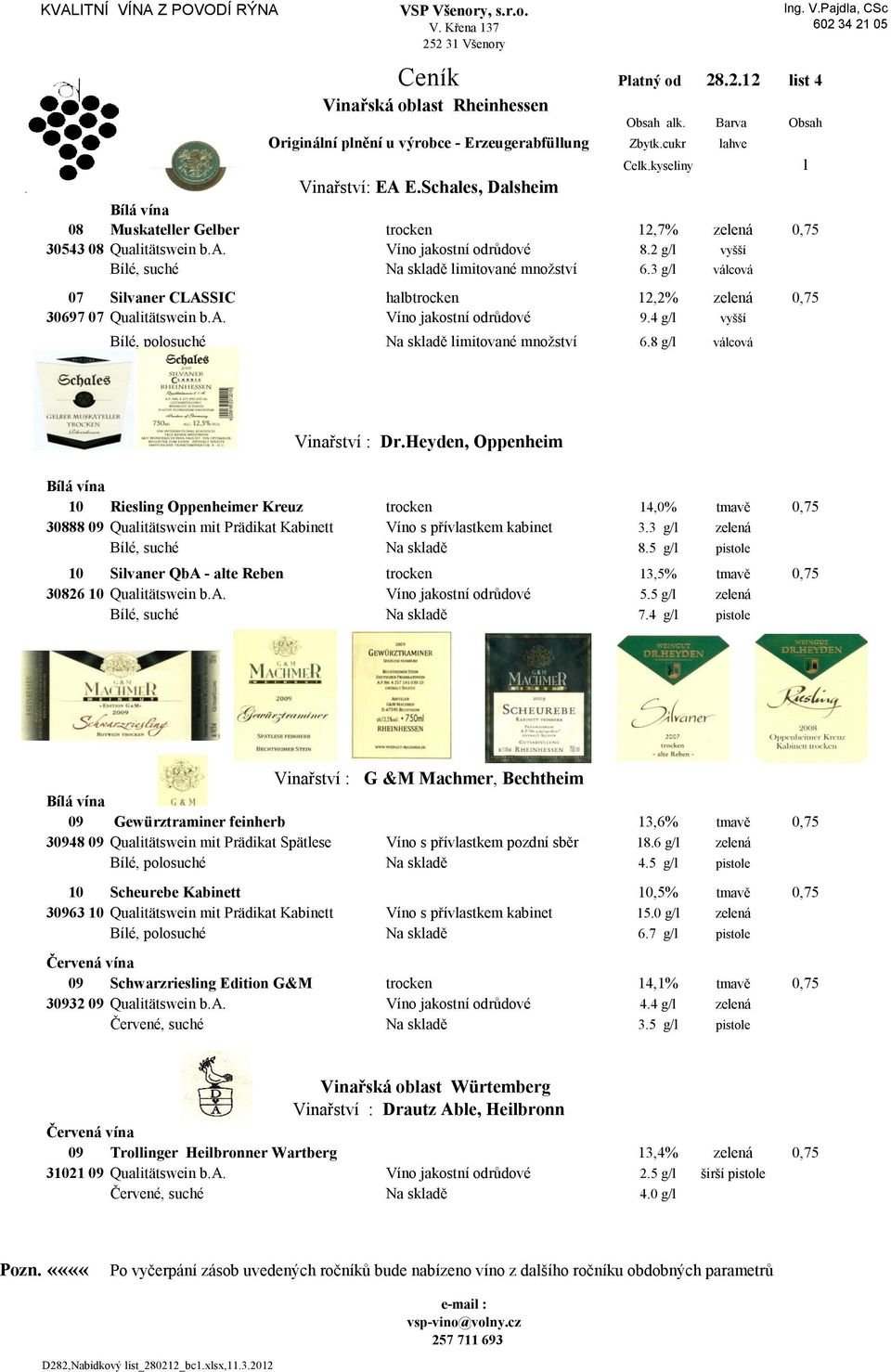3 g/l válcová 07 Silvaner CLASSIC halbtrocken 12,2% zelená 0,75 30697 07 Qualitätswein b.a. Víno jakostní odrůdové 9.4 g/l vyšší Bílé, polosuché limitované množství 6.8 g/l válcová l Vinařství : Dr.