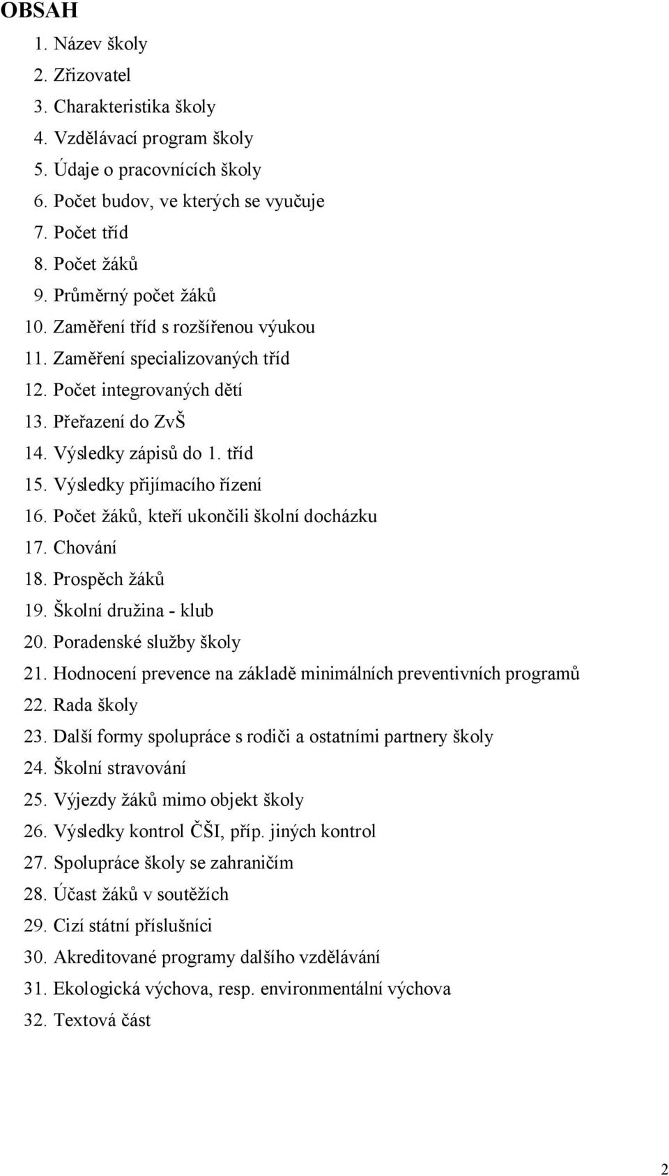 Výsledky přijímacího řízení 16. Počet žáků, kteří ukončili školní docházku 17. Chování 18. Prospěch žáků 19. Školní družina - klub 20. Poradenské služby školy 21.