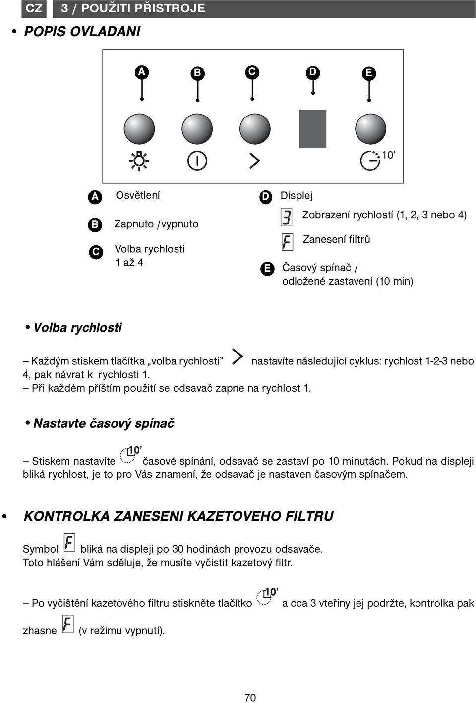 Při každém příštím použití se odsavač zapne na rychlost 1. Nastavte časový spínač Stiskem nastavíte časové spínání, odsavač se zastaví po 10 minutách.