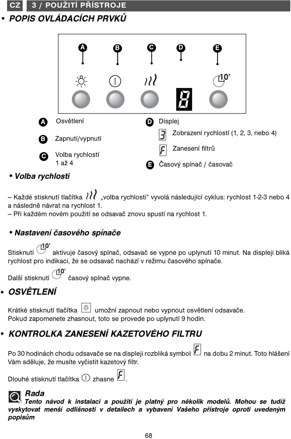 Při každém novém použití se odsavač znovu spustí na rychlost 1. Nastavení časového spínače Stisknutí aktivuje časový spínač, odsavač se vypne po uplynutí 10 minut.