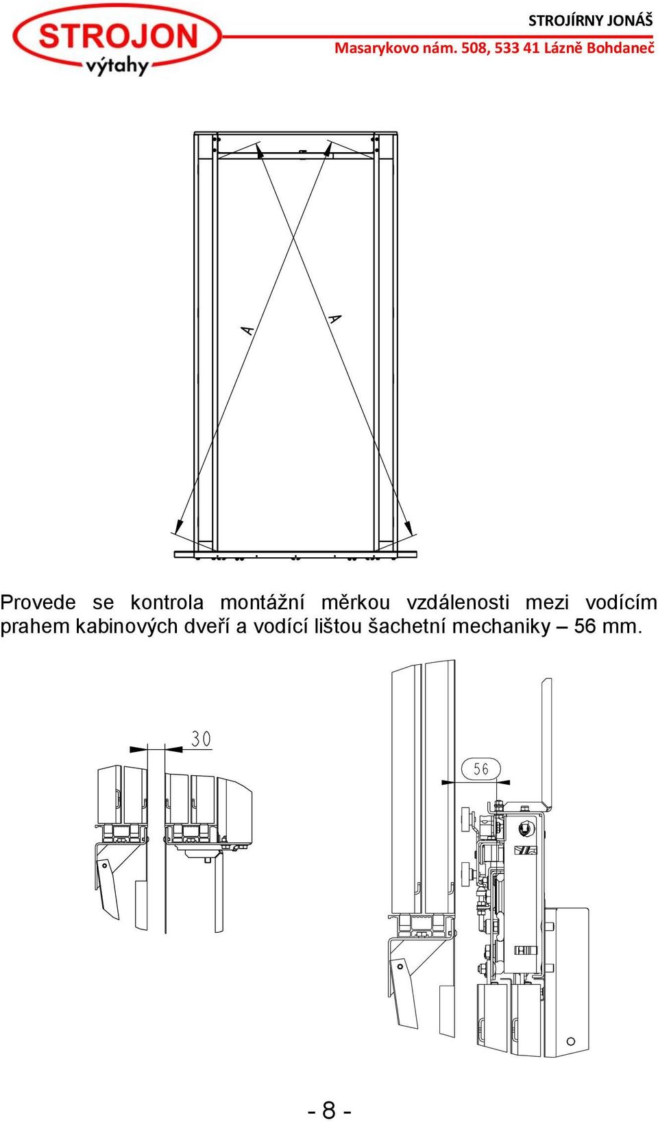 prahem kabinových dveří a vodící