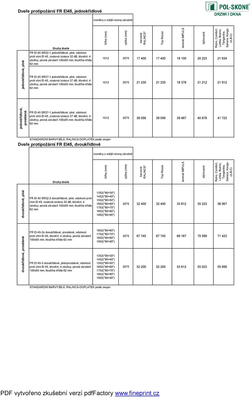 39 467 40 878 41 723 Dveře protipožární FR EI45, dvoukřídlové IMPULS FR EI 45 SR32-2, odolnost proti ohni EI 45, zvuková izolace 32 db, těsnění, 4 2075 32 400 32 400 33 812 35 223 36 067