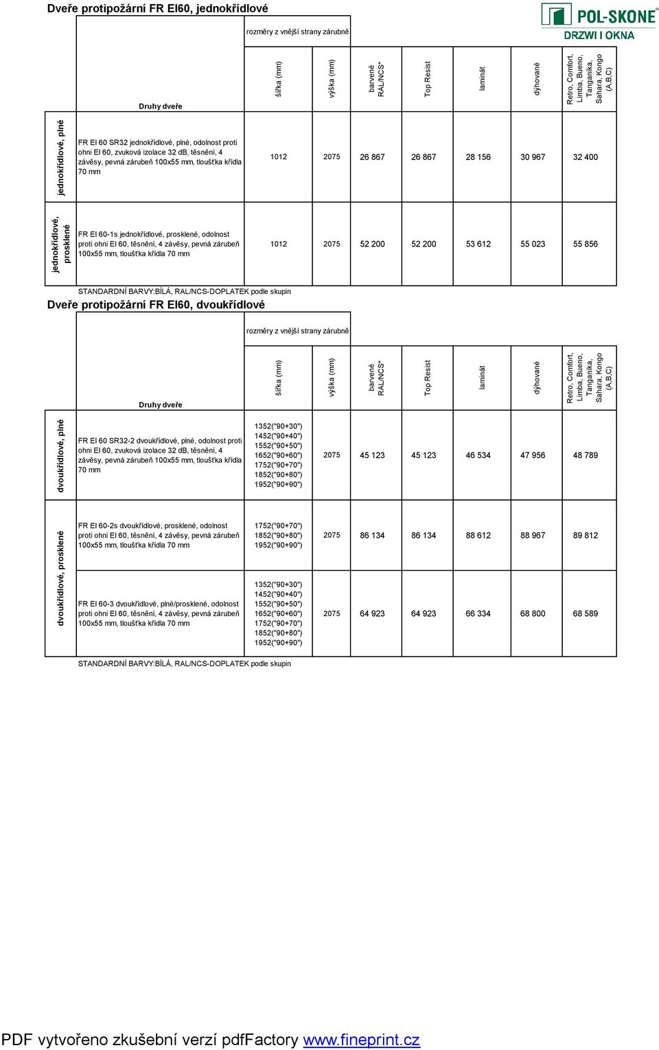 dvoukřídlové FR EI 60 SR32-2, odolnost proti ohni EI 60, zvuková izolace 32 db, těsnění, 4 70 mm 2075 45 123 45 123 46 534 47 956 48 789