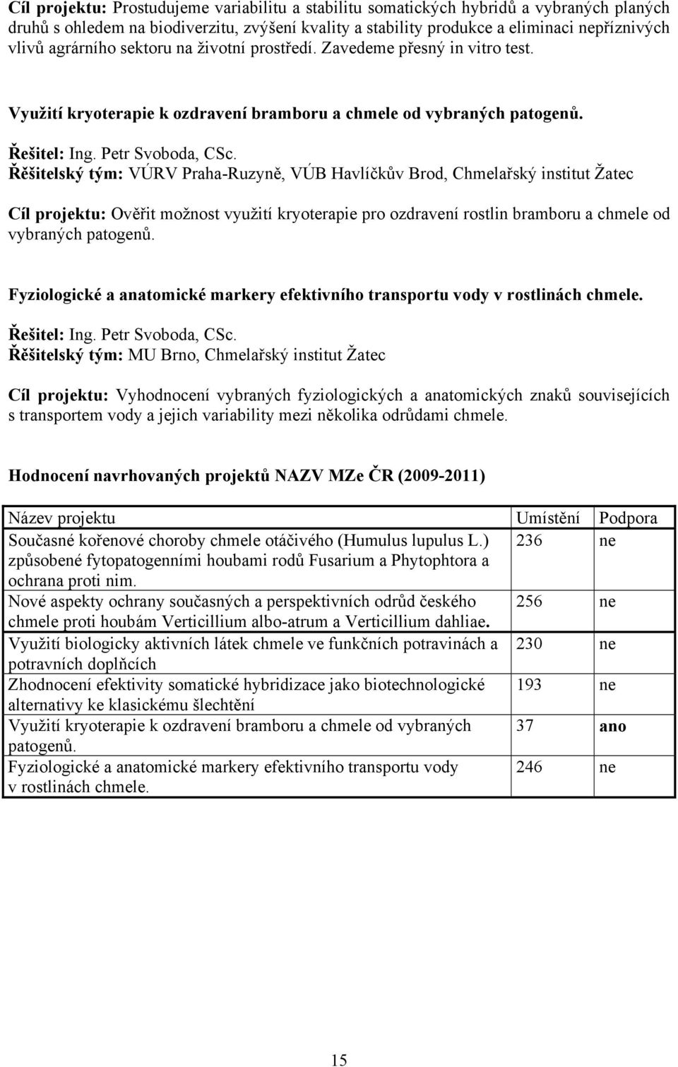 Řěšitelský tým: VÚRV Praha-Ruzyně, VÚB Havlíčkův Brod, Chmelařský institut Žatec Cíl projektu: Ověřit možnost využití kryoterapie pro ozdravení rostlin bramboru a chmele od vybraných patogenů.