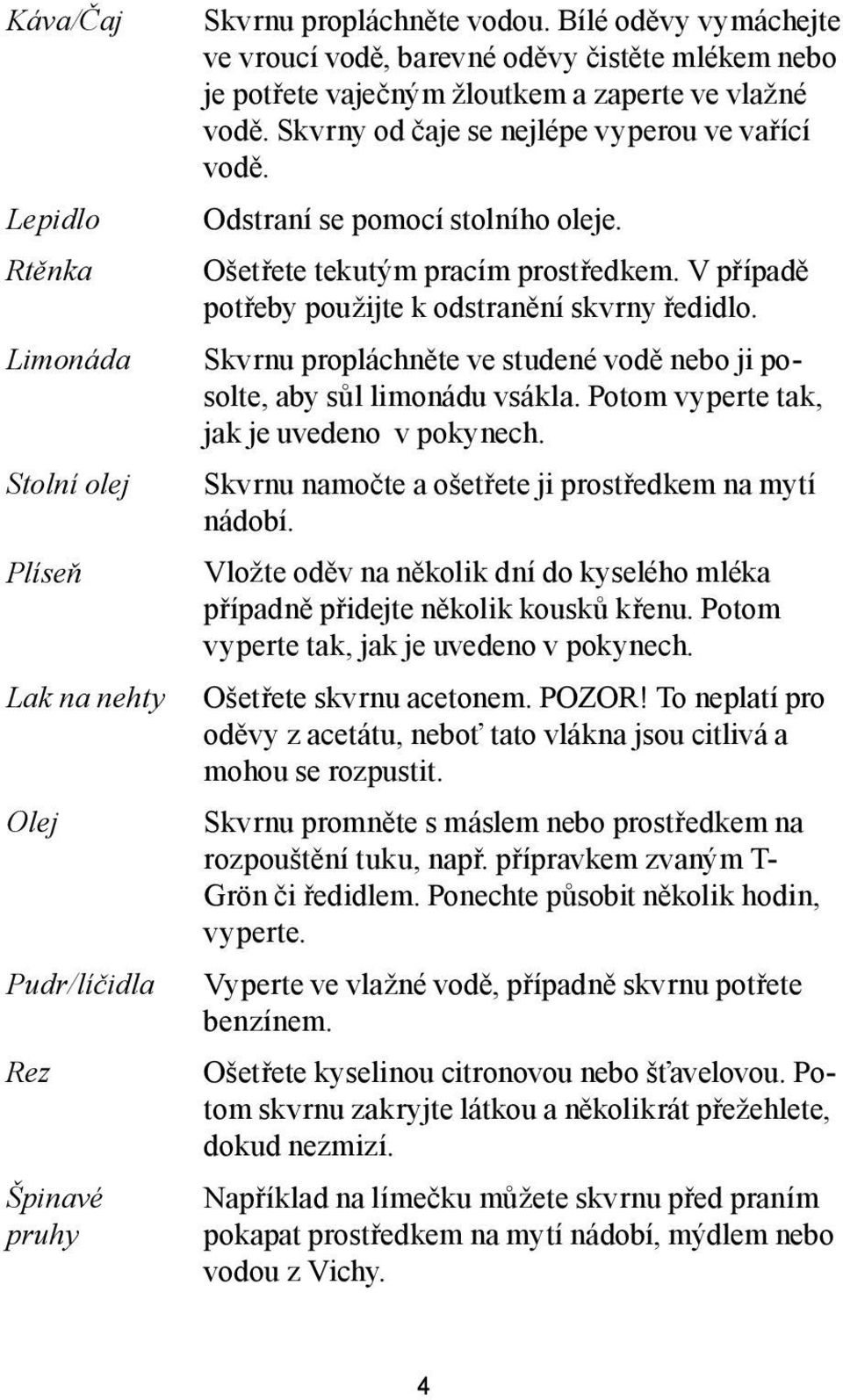 Odstraní se pomocí stolního oleje. Ošetřete tekutým pracím prostředkem. V případě potřeby použijte k odstranění skvrny ředidlo.