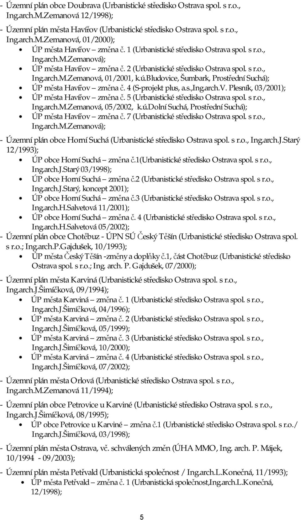 bludovice, Šumbark, Prostřední Suchá); ÚP města Havířov změna č. 4 (S-projekt plus, a.s.,ing.arch.v. Plesník, 03/2001); ÚP města Havířov změna č. 5 (Urbanistické středisko Ostrava spol. s r.o., Ing.