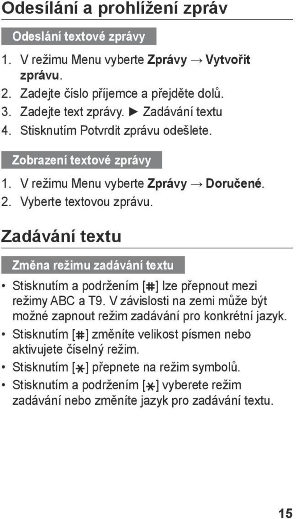 Zadávání textu Změna režimu zadávání textu Stisknutím a podržením [ ] lze přepnout mezi režimy ABC a T9.