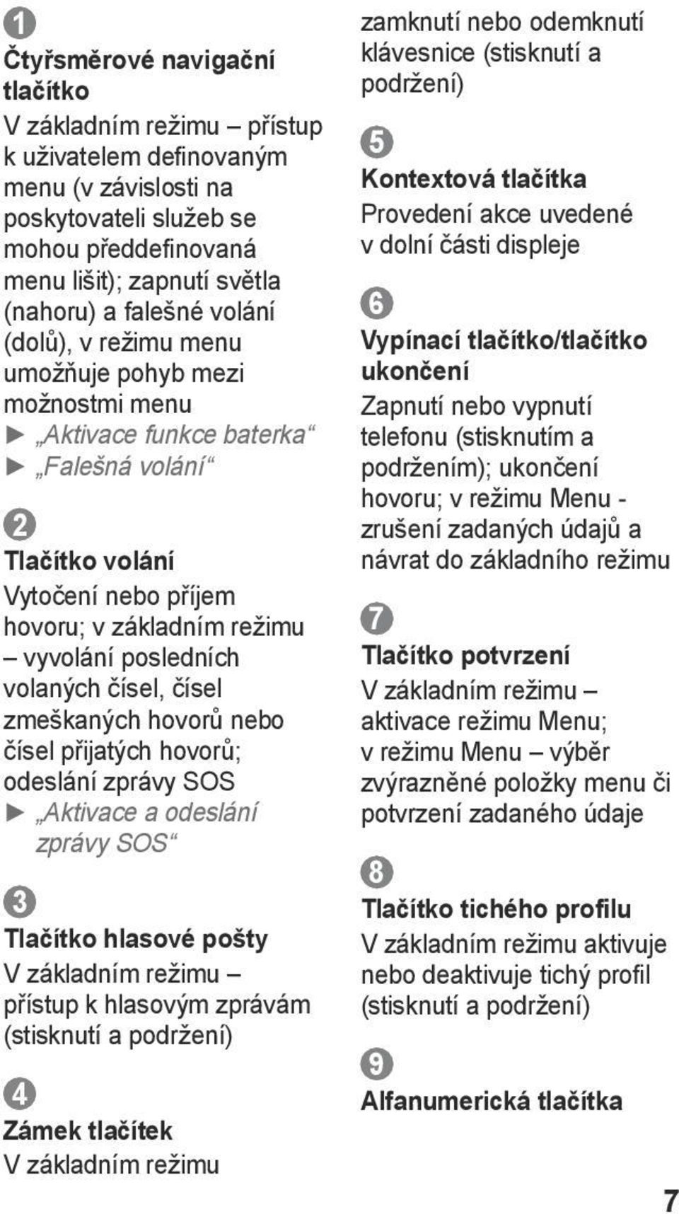 čísel, čísel zmeškaných hovorů nebo čísel přijatých hovorů; odeslání zprávy SOS Aktivace a odeslání zprávy SOS 3 Tlačítko hlasové pošty V základním režimu přístup k hlasovým zprávám (stisknutí a