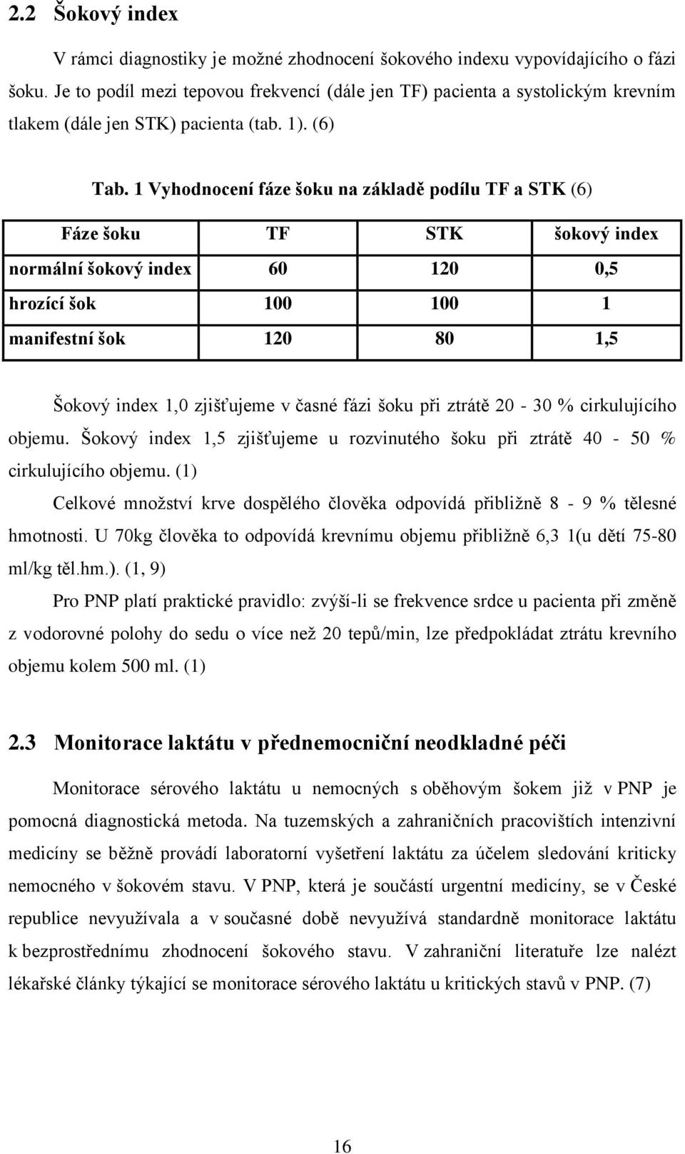 1 Vyhodnocení fáze šoku na základě podílu TF a STK (6) Fáze šoku TF STK šokový index normální šokový index 60 120 0,5 hrozící šok 100 100 1 manifestní šok 120 80 1,5 Šokový index 1,0 zjišťujeme v