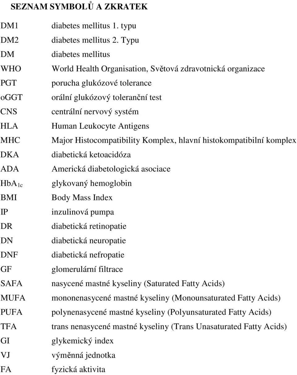 Histocompatibility Komplex, hlavní histokompatibilní komplex diabetická ketoacidóza Americká diabetologická asociace glykovaný hemoglobin Body Mass Index inzulinová pumpa diabetická retinopatie