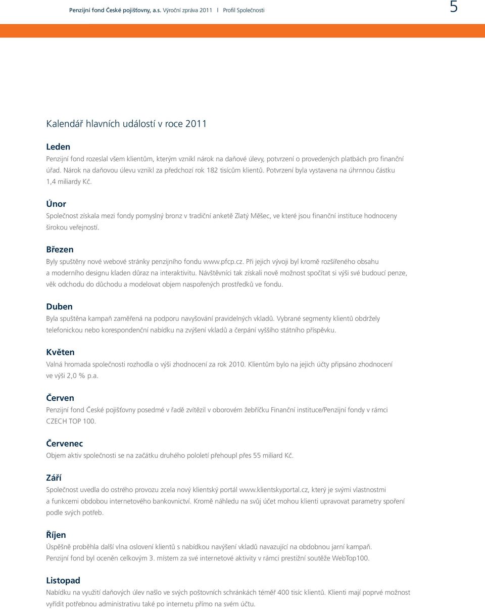 Výroční zpráva 2011 Profil Společnosti 5 Kalendář hlavních událostí v roce 2011 Leden Penzijní fond rozeslal všem klientům, kterým vznikl nárok na daňové úlevy, potvrzení o provedených platbách pro