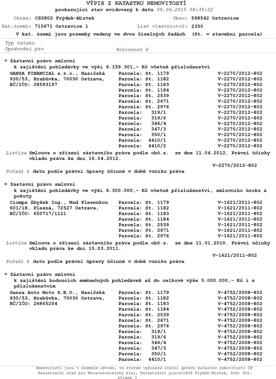 z. ze dne 11.04.2012. Právní účinky vkladu práva ke dni 16.04.2012. Přadí k datu pdle právní úpravy účinné v dbě vzniku práva Zástavní práv smluvní k zajištění phledávky ve výši 6.300.