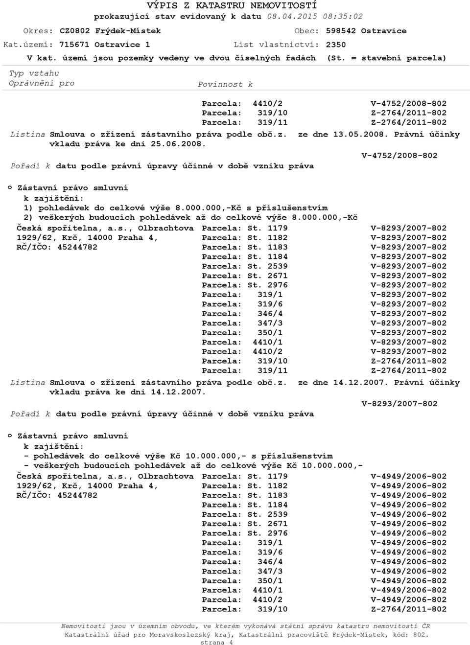 Právní účinky vkladu práva ke dni 25.06.2008. Přadí k datu pdle právní úpravy účinné v dbě vzniku práva 0 1 Zástavní práv smluvní k zajištění: 1) phledávek d celkvé výše 8.000.