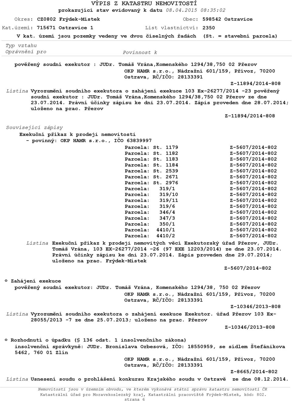 Tmáš Vrána,Kmenskéh 1294/38,750 02 Přerv ze dne 23.07.2014. Právní účinky zápisu ke dni 23.07.2014. Zápis prveden dne 28.07.2014; ulžen na prac.