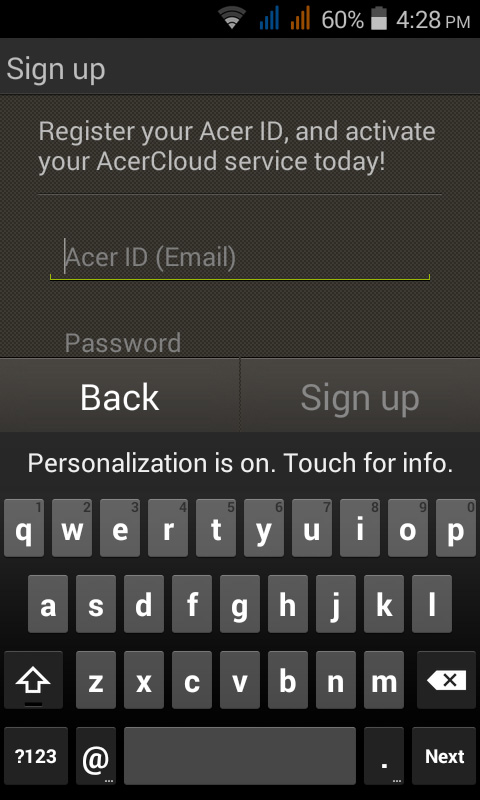 Nastavení AcerCloud - 41 Vytvoření AcerCloud ID Pokud nemáte AcerCloud ID, musíte se nejprve zaregistrovat pro účet AcerCloud, což můžete udělat ze svého smartphonu.