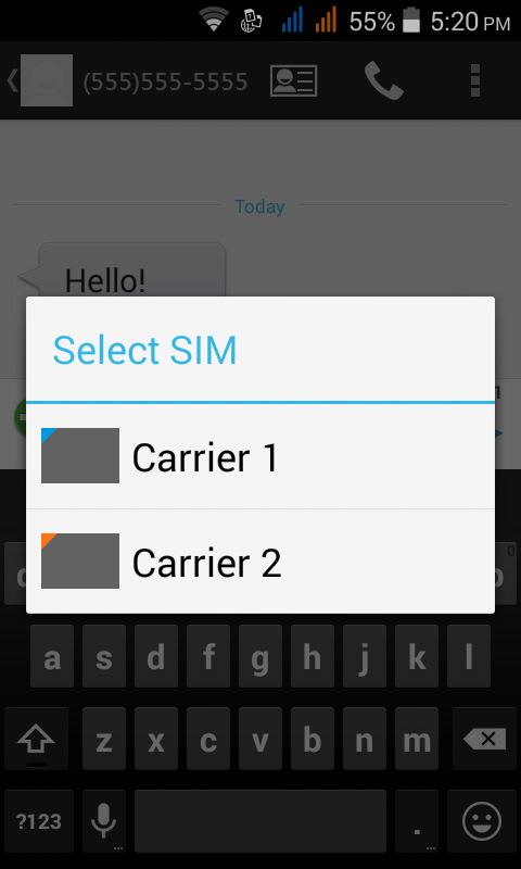 62 - Správa karet SIM Výběr karty SIM, která se má používat při telefonování Pokud jste možnost Hlasové volání nastavili na Vždy se dotázat, budete při každém telefonování dotázáni, která karta SIM