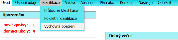 3.2 Pololetní klasifikace V elektronické žákovské máte i přehled o pololetní klasifikaci během celé docházky.