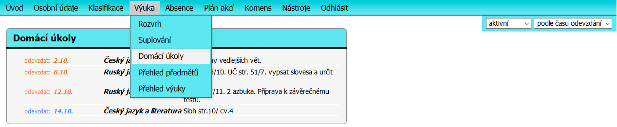 4 Výuka Základní škola a Mateřská škola Nymburk, Tyršova 446 - příspěvková organizace 4.1 Rozvrh V tomto menu naleznete aktuální rozvrh svého dítěte. Zvolíme Výuka Rozvrh 4.