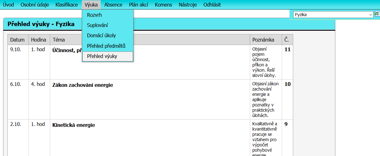 4.4 Přehled předmětu V přehledu předmětů je výpis předmětu a vyučujících, které vaše dítě v daném roce má. Zvolíme Výuka Přehled předmětů 4.