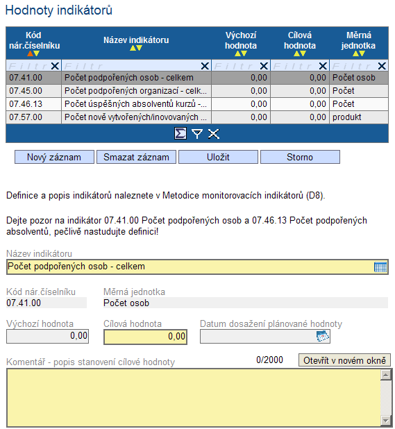 11.18. Hodnoty indikátorů Tato záložka slouží k monitorování výstupů a výsledků jednotlivých projektů v rámci Operačního programu Lidské zdroje a zaměstnanost.