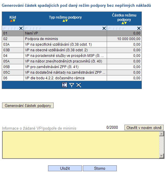 Informace o žádané VP/podpoře se minimis pole je povinné, max. 2000 znaků. Žadatel popíše následující: 1) Požadovaný režim podpory (blokové výjimky, de minimis, kombinace blok. výjimek, příp.
