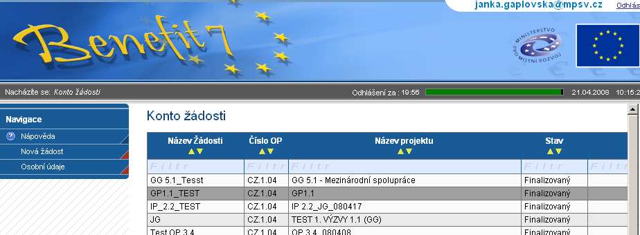 cz, v Kontě žádostí, naleznete přehled všech Vašich finalizovaných, předaných i rozpracovaných žádostí o finanční podporu.