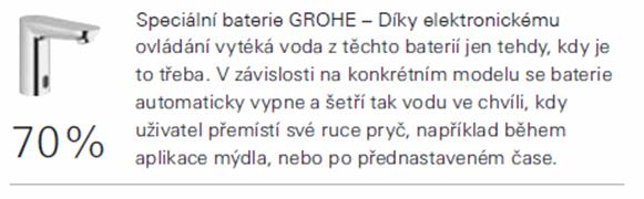 OBRÁZEK 4-17 MOŽNOSTI DOSAŽENÍ ÚSPORY VODY U MODERNÍCH ARMATUR Úspory vody: 1) páková baterie s perlátorem standardní 20%, společnost GROHE (obrázek 4-17 uvádí 50%.