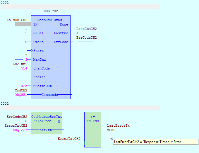 3.3 Příklad 2 jednoduchá komunikace Modbus TCP Příklad jednoduché komunikace Modbus TCP zapsaný v jazyku ST. Program periodicky čte 6 wordů z koncového zařízení připojeného přes Ethernet.