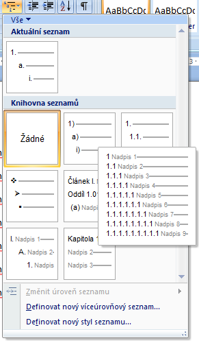 podkarta ODSTAVEC ODRÁŽKY A ČÍSLOVÁNÍ ODRÁŽKY na začátku odstavců ODRÁŽKY ČÍSLOVÁNÍ na na