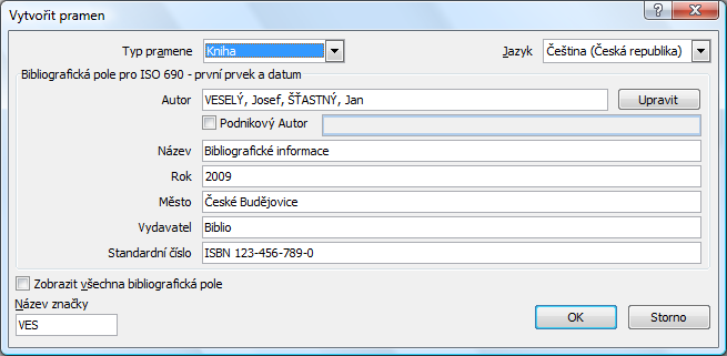 Obrázek 4: Vložení citace v programu Microsoft Office Word 2010 Zdroj: MICROSOFT CORP. Microsoft Office Word 2010 [software]. [přístup 15 May 2012]. Dostupné z: http://office.microsoft.