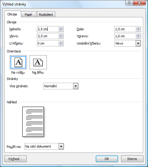 Obrázek 17: Nastavení okrajů stránky v programu Microsoft Office Word 2010 Zdroj: MICROSOFT CORP. Microsoft Office Word 2010 [software]. [přístup 14 May 2012].