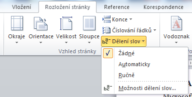 6.3.1 Aplikace v programu Microsoft Office Word 2010 Microsoft Office Word ve verzi 2010 umožňuje nastavit možnosti dělení slov na záložce Rozložení stránky v sekci Vzhled stránky, volbou Dělení