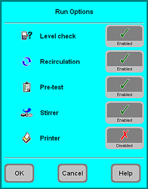 5. Obsluha Funkce RUN OPTIONS zobrazuje možnosti zvolené pro aktuální program. LEVEL CHECK aktivováno: Spodní snímač hladiny v retortě je aktivován.