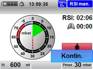 4 Příprava a obsluha 4. Pro provádění kontinuální ventilace pro provedeném zajištění dýchacích cest zvolit pole Kontin. Přístroj přejde do režimu RSI IPPV.