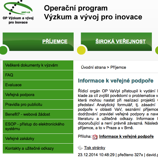 Dokument Informace k veřejné podpoře Rámec 2006 Rámec 2014 ŘO OP VaVPI - 23.12.