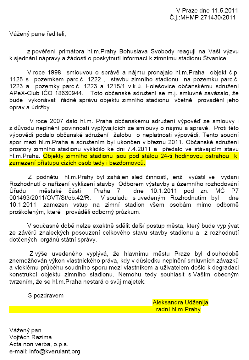 1. Odpověď pražského magistrátu na dotaz ANV adresovaný primátorovi Svobodovi dne 1. 4.