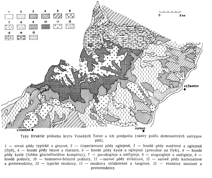 Obr. 1.4 Půdní typy Vysokých Tater (Linkeš, 1981) 1.3. Plošné a časové rozložení odtoku V Západních Tatrách odteče asi 30 40 l.s -1.