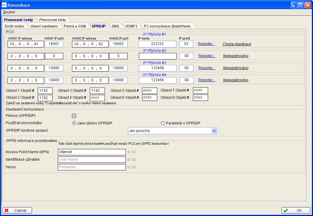PCS250G manuál 5.4. Nastavení dat na ústředně pomocí BabyWare: Níže jsou vyobrazeny programovací tabulky ústředen SP5500 a EVO192 ve WinLoadu.