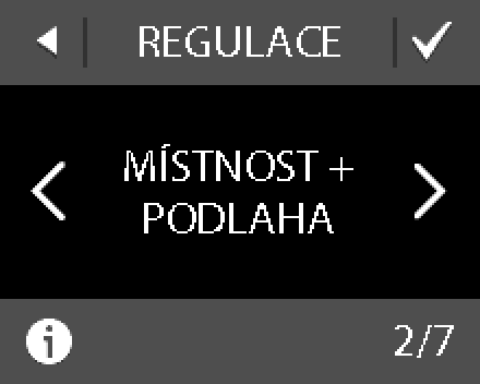 6. Na informační obrazovce INSTALACE začněte stisknutím ikony. 7. Pomocí šipek < a > zvolte, zda bude použito pouze podlahové čidlo, nebo kombinace prostorového a podlahového čidla.