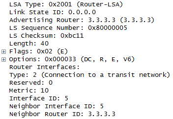 3.3 Výsledky LSA zprávy: Topologie, na které byly LSA zprávy zachyceny se, skládá ze dvou oblastí protokolu OSPFv3 a jednou externí oblasti, která pracuje na směrovacím protokolu RIPng.