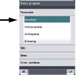 Hlavním displejem se rozumí displej po zapnutí přístroje. Objeví se displej Select program. Zvolte požadovaný panoramatický program dotekem na příslušní řádek z ponuky. Řádek se zvýrazní.