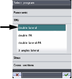 3 Výběr temporomandibulárního expozičního programu Políčko programů Pro výběr TMJ programu se dotkněte prstem pole Programů na hlavním displeji.