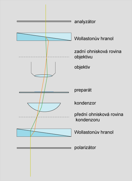 výsledný obraz objektu podle: indexu lomu, tloušťky, orientace vůči rovině Wollastonova