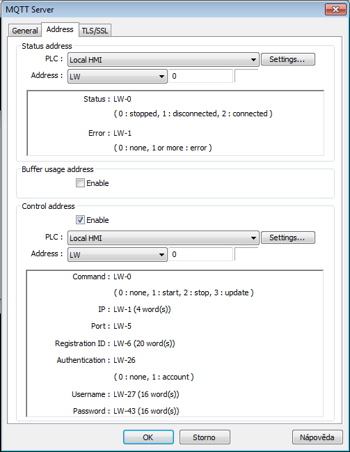 V další záložce Address nastavíme adresu pro status a pro dynamickou kontrolu MQTT. Nejprve nastavíme slovo pro informaci o daném připojení.